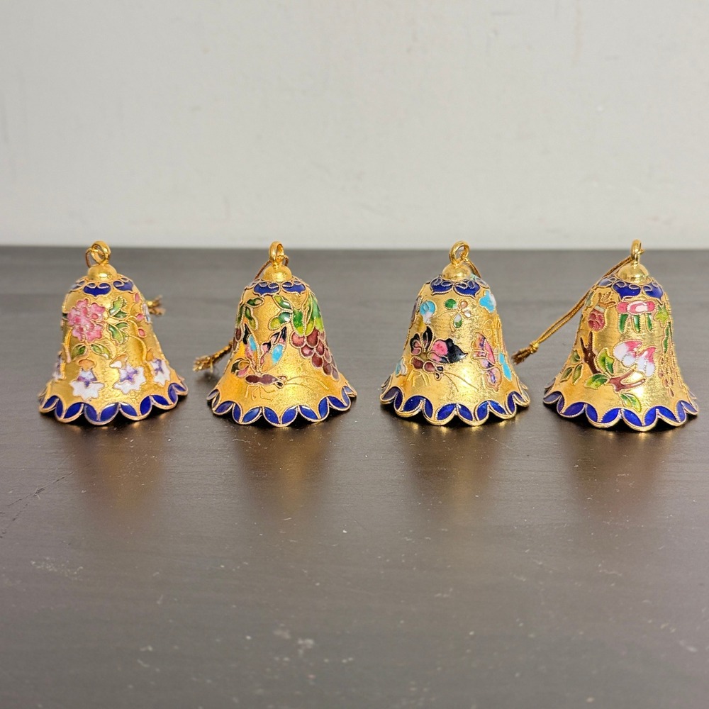 Vintage Cloisonne Enamel Bell Ornaments Set 4 Gold Floral Butterfly Blue 2 in